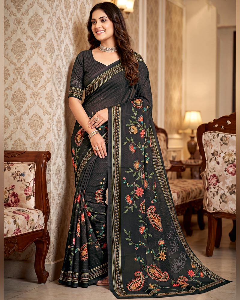 Vishal Prints Charcoal Black Digital Print Criva Crepe Saree