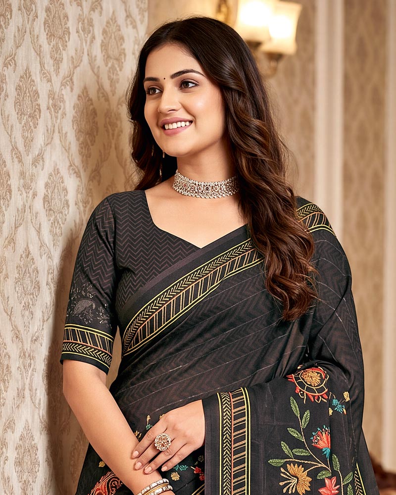 Vishal Prints Charcoal Black Digital Print Criva Crepe Saree