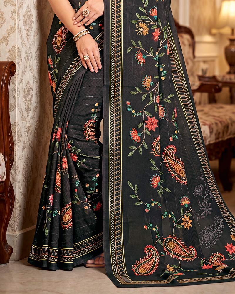 Vishal Prints Charcoal Black Digital Print Criva Crepe Saree