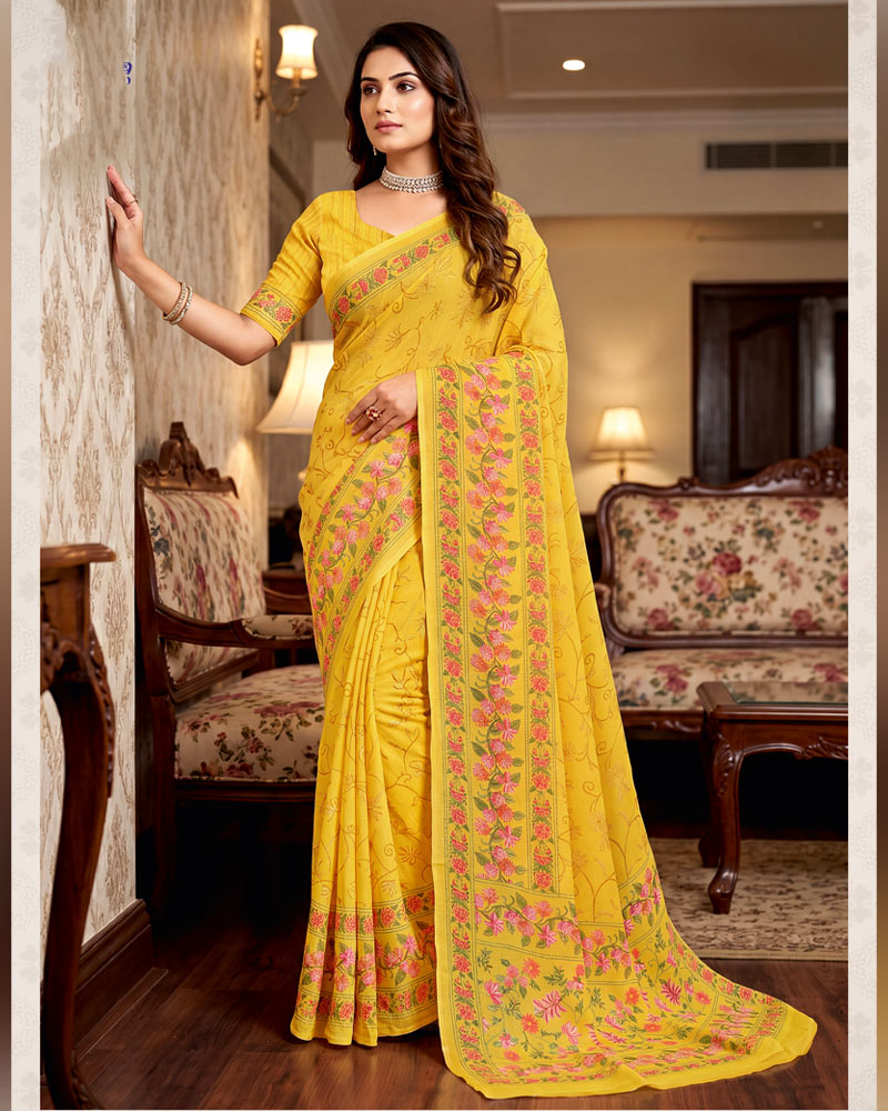 Vishal Prints Silky Yellow Digital Print Criva Crepe Saree