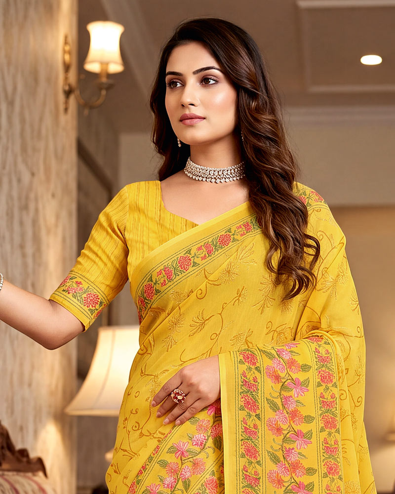 Vishal Prints Silky Yellow Digital Print Criva Crepe Saree