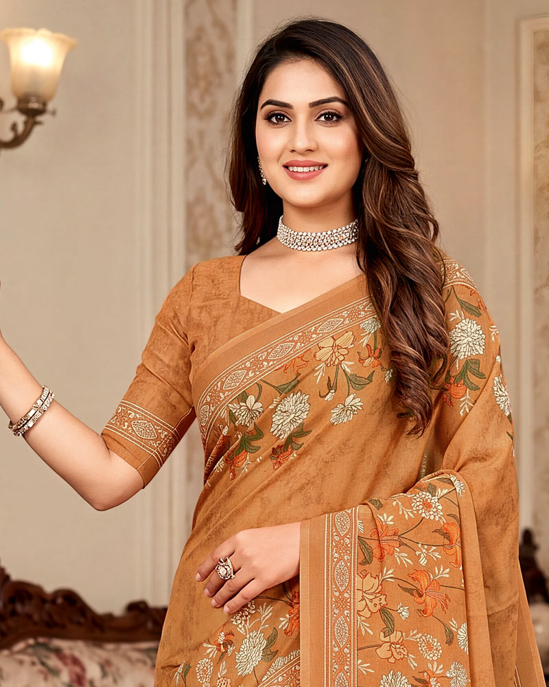 Vishal Prints Dusty Persian Orange Digital Print Criva Crepe Saree