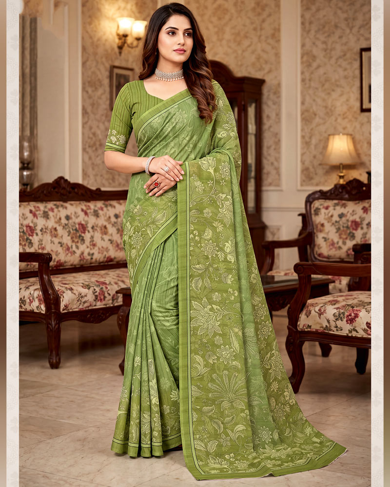 Vishal Prints Khaki Green Digital Print Criva Crepe Saree