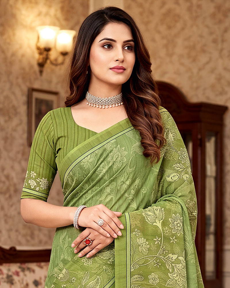Vishal Prints Khaki Green Digital Print Criva Crepe Saree
