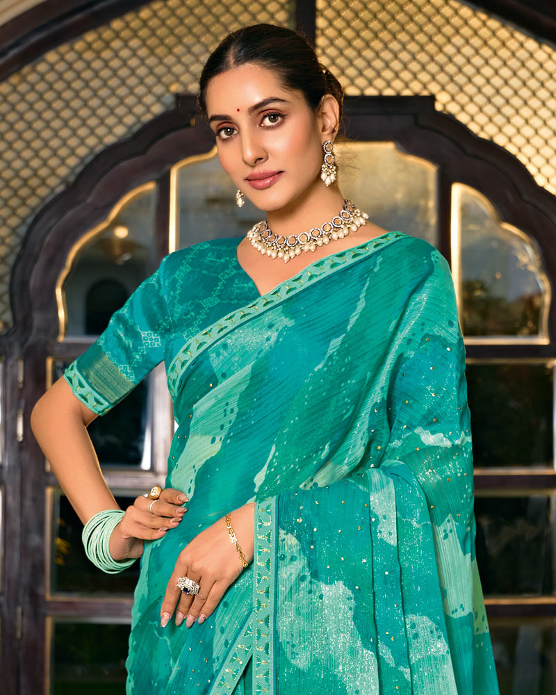 Vishal Prints Persian Green Designer Shimmer-Chiffon Saree With Diamond Work And Fancy Embroidery Border