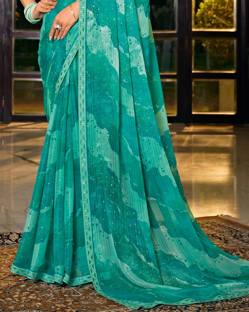 Vishal Prints Persian Green Designer Shimmer-Chiffon Saree With Diamond Work And Fancy Embroidery Border