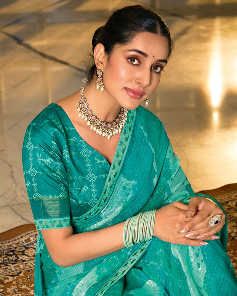 Vishal Prints Persian Green Designer Shimmer-Chiffon Saree With Diamond Work And Fancy Embroidery Border