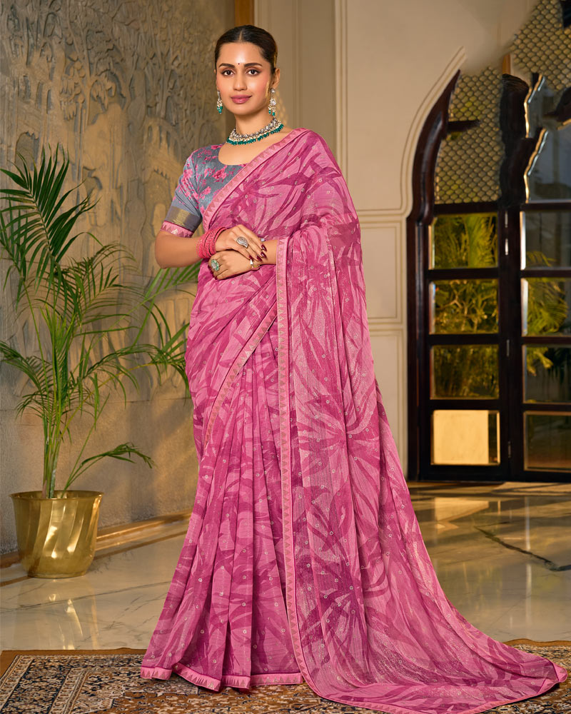 Vishal Prints Deep Rose Pink Designer Shimmer-Chiffon Saree With Foil Print And Fancy Embroidery Border