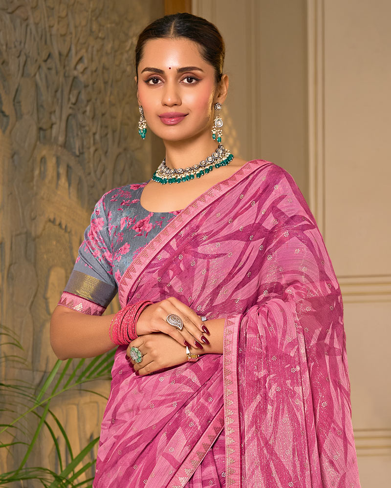 Vishal Prints Deep Rose Pink Designer Shimmer-Chiffon Saree With Foil Print And Fancy Embroidery Border