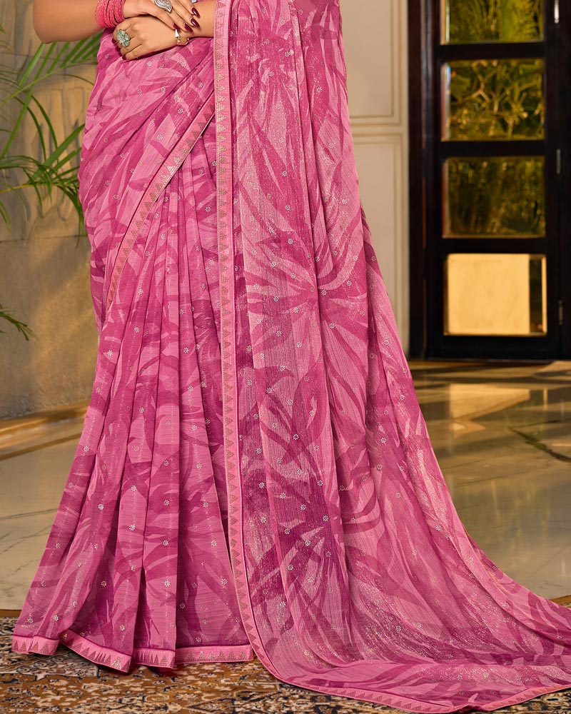 Vishal Prints Deep Rose Pink Designer Shimmer-Chiffon Saree With Foil Print And Fancy Embroidery Border