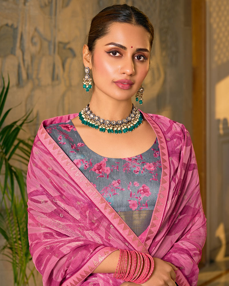 Vishal Prints Deep Rose Pink Designer Shimmer-Chiffon Saree With Foil Print And Fancy Embroidery Border