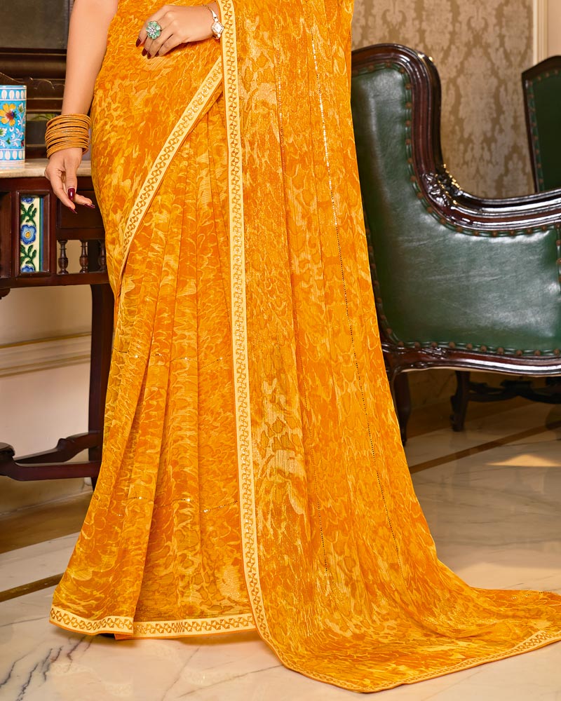 Vishal Prints Yellowish Orange Designer Shimmer-Chiffon Saree With Tikli Work And Fancy Embroidery Border