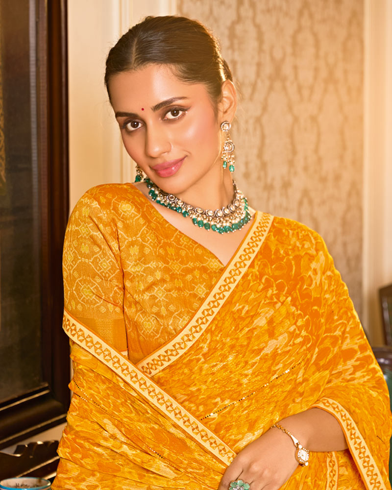 Vishal Prints Yellowish Orange Designer Shimmer-Chiffon Saree With Tikli Work And Fancy Embroidery Border
