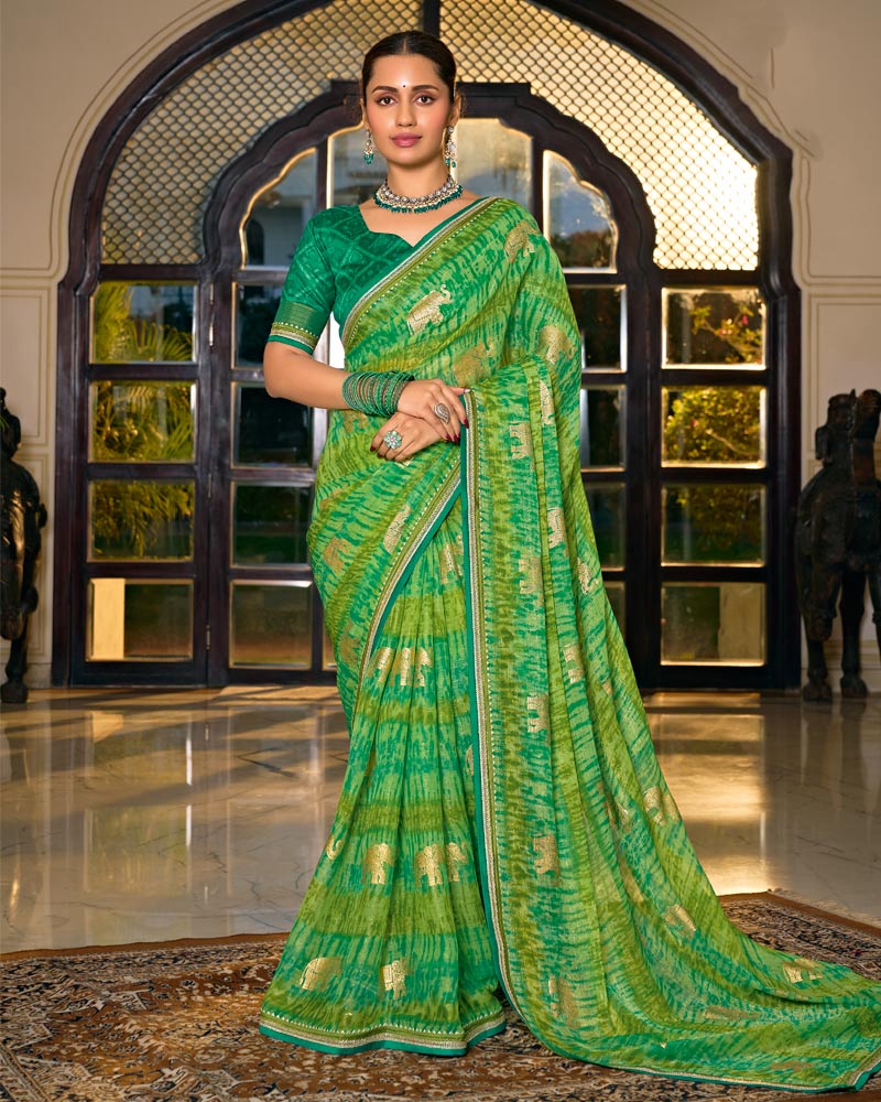 Vishal Prints Multi Green Designer Shimmer-Chiffon Saree With Foil Print And Fancy Embroidery Border