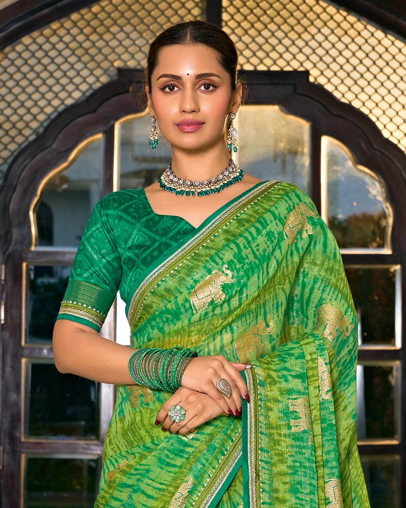 Vishal Prints Multi Green Designer Shimmer-Chiffon Saree With Foil Print And Fancy Embroidery Border