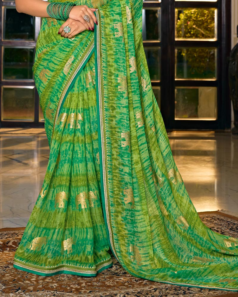 Vishal Prints Multi Green Designer Shimmer-Chiffon Saree With Foil Print And Fancy Embroidery Border
