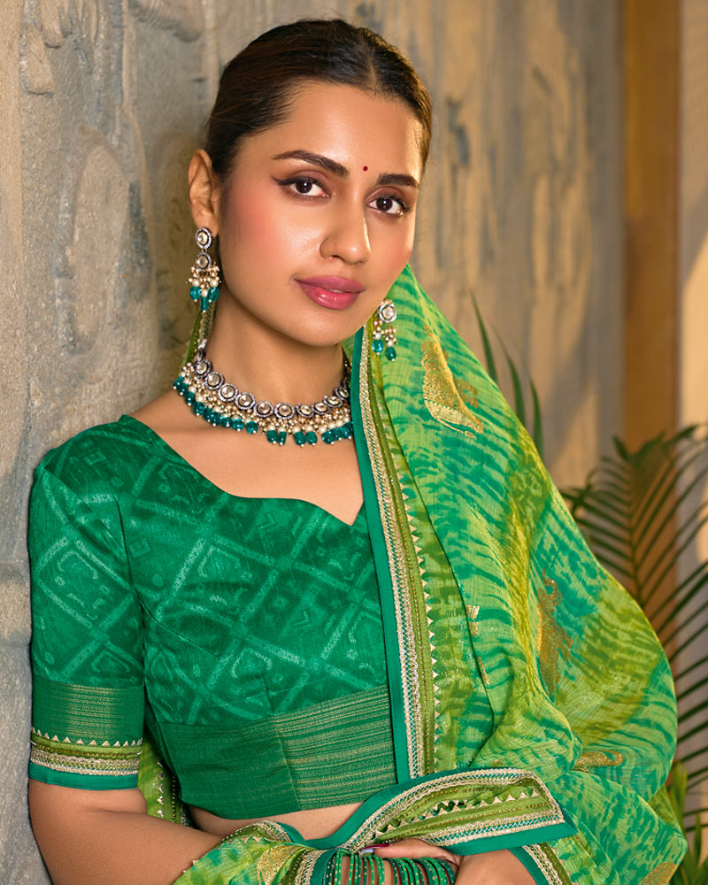 Vishal Prints Multi Green Designer Shimmer-Chiffon Saree With Foil Print And Fancy Embroidery Border