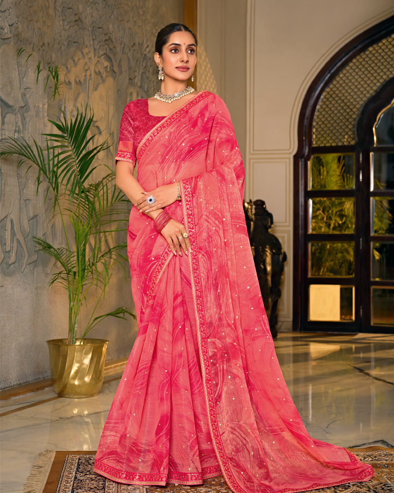 Vishal Prints Watermelon Pink Designer Shimmer-Chiffon Saree With Foil Print And Fancy Embroidery Border