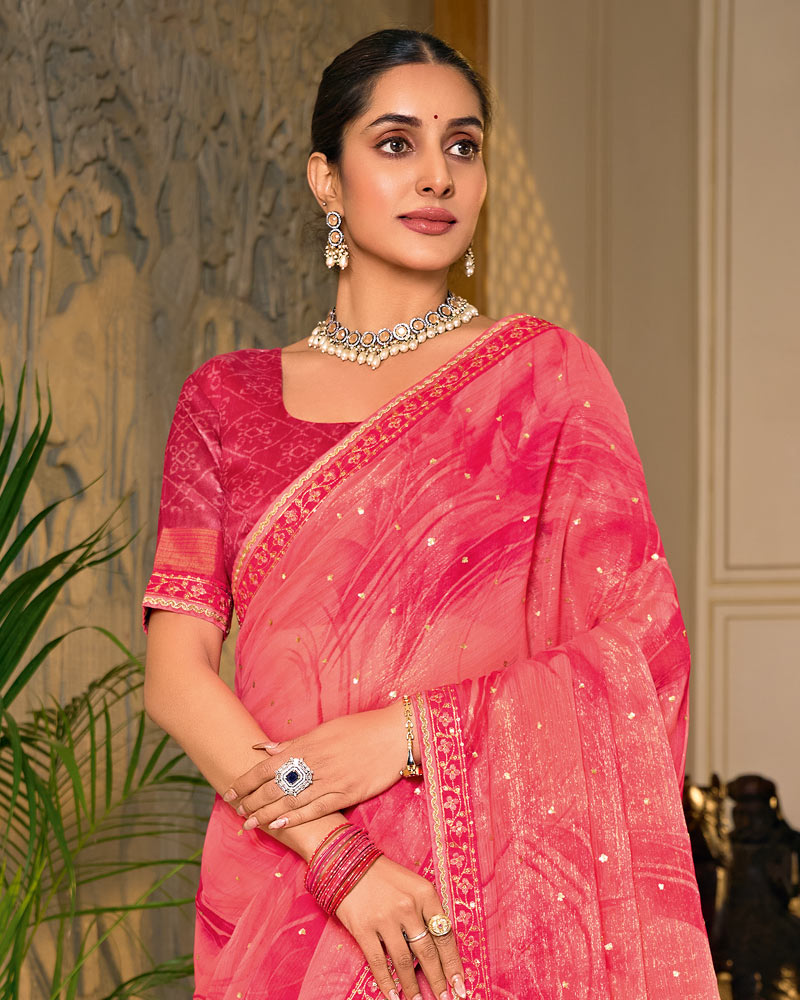 Vishal Prints Watermelon Pink Designer Shimmer-Chiffon Saree With Foil Print And Fancy Embroidery Border