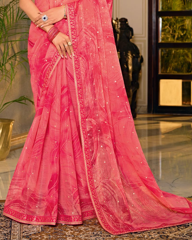 Vishal Prints Watermelon Pink Designer Shimmer-Chiffon Saree With Foil Print And Fancy Embroidery Border