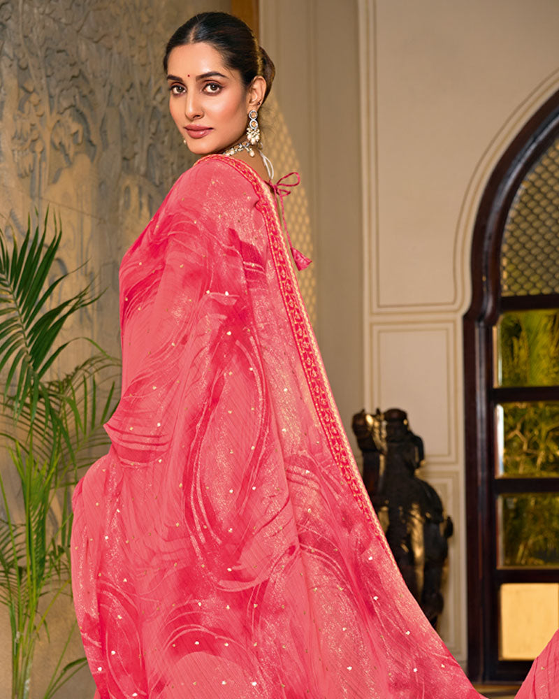 Vishal Prints Watermelon Pink Designer Shimmer-Chiffon Saree With Foil Print And Fancy Embroidery Border