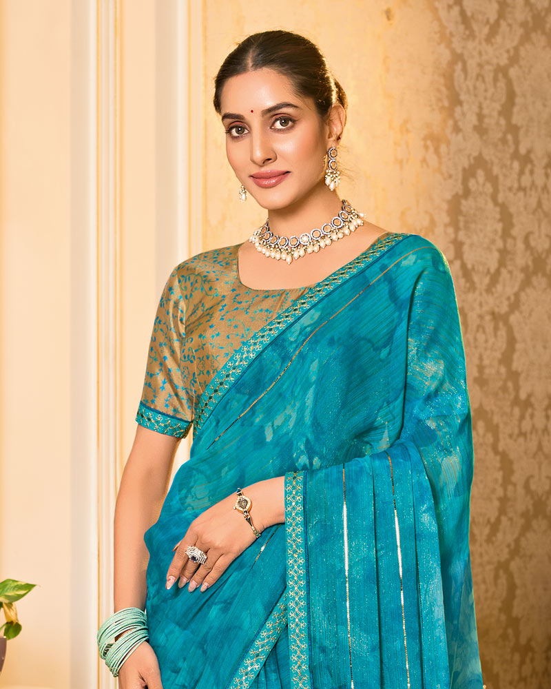 Vishal Prints Ocean Blue Designer Shimmer-Chiffon Saree With Tikli Work And Fancy Embroidery Border