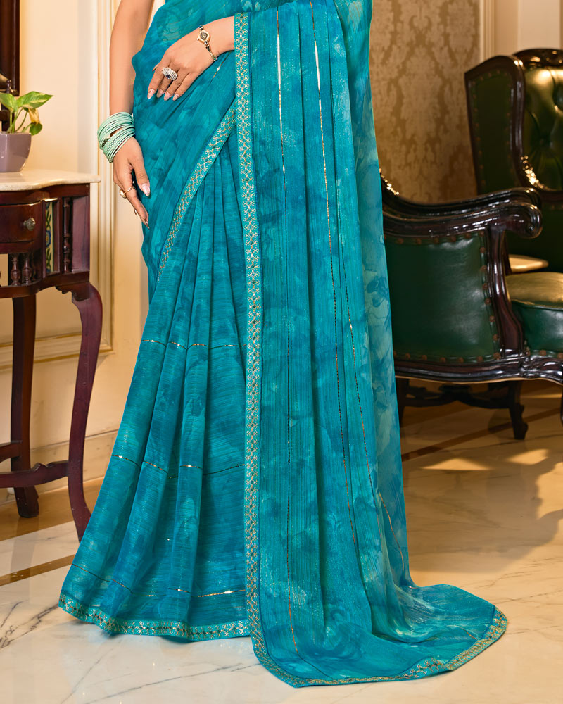 Vishal Prints Ocean Blue Designer Shimmer-Chiffon Saree With Tikli Work And Fancy Embroidery Border