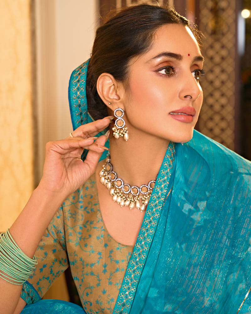 Vishal Prints Ocean Blue Designer Shimmer-Chiffon Saree With Tikli Work And Fancy Embroidery Border