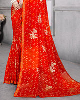 Vishal Prints Red Bandhani Print Chiffon Saree With Foil Print And Fancy Border
