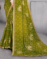 Vishal Prints Mehandi Green Bandhani Print Chiffon Saree With Foil Print And Fancy Border