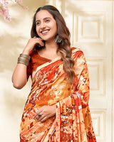 Vishal Prints Pale Orange Printed Chiffon Saree With Fancy Border