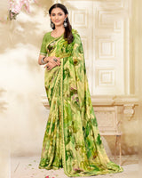 Vishal Prints Parrot Green Printed Chiffon Saree With Fancy Border