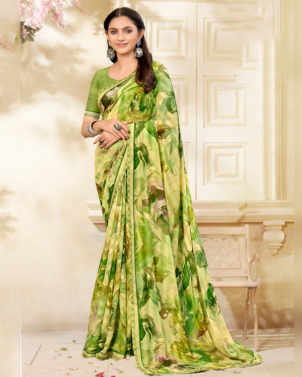 Vishal Prints Parrot Green Printed Chiffon Saree With Fancy Border
