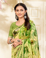 Vishal Prints Parrot Green Printed Chiffon Saree With Fancy Border