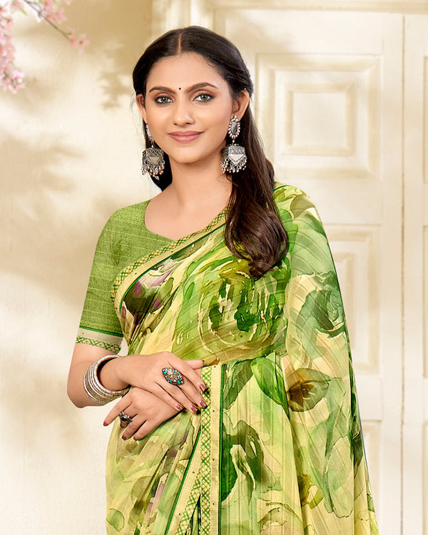 Vishal Prints Parrot Green Printed Chiffon Saree With Fancy Border