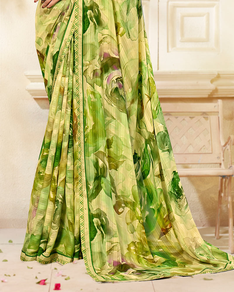 Vishal Prints Parrot Green Printed Chiffon Saree With Fancy Border