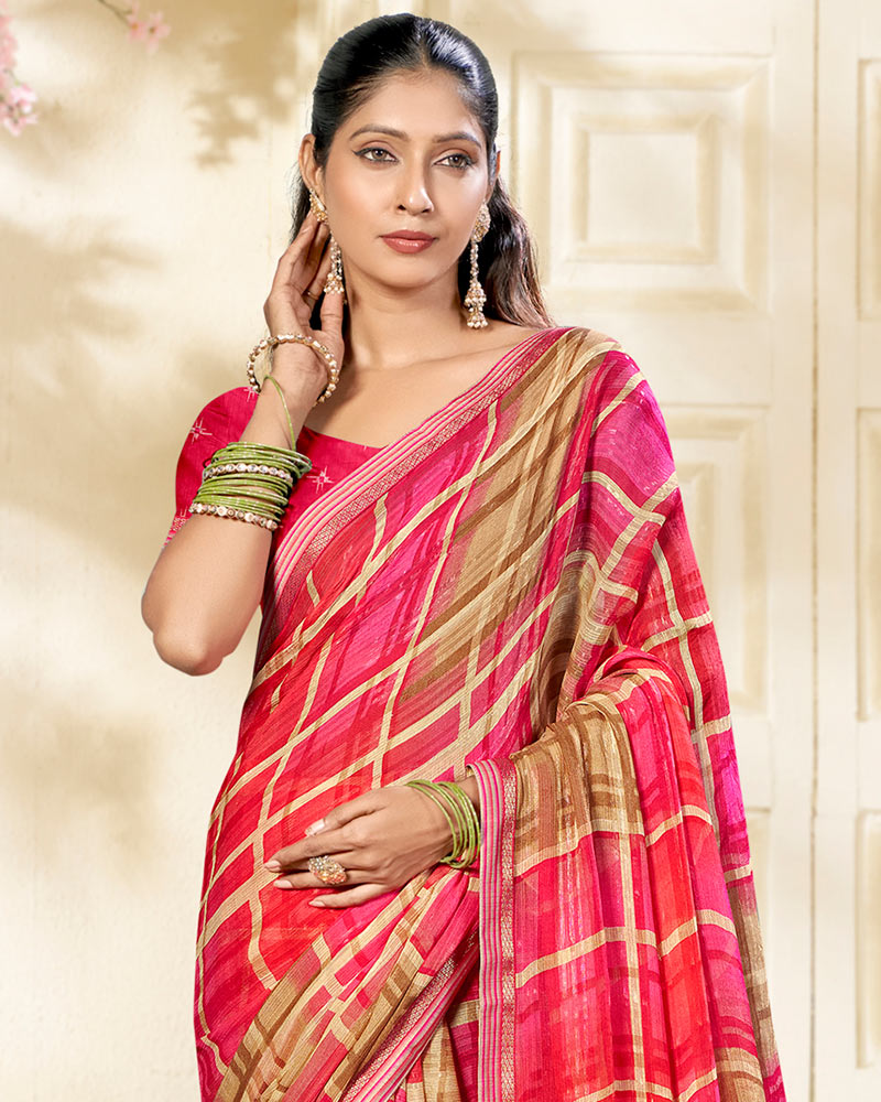 Vishal Prints Raspberry Pink Printed Chiffon Saree With Fancy Border
