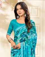 Vishal Prints Bright Blue Printed Chiffon Saree With Fancy Border