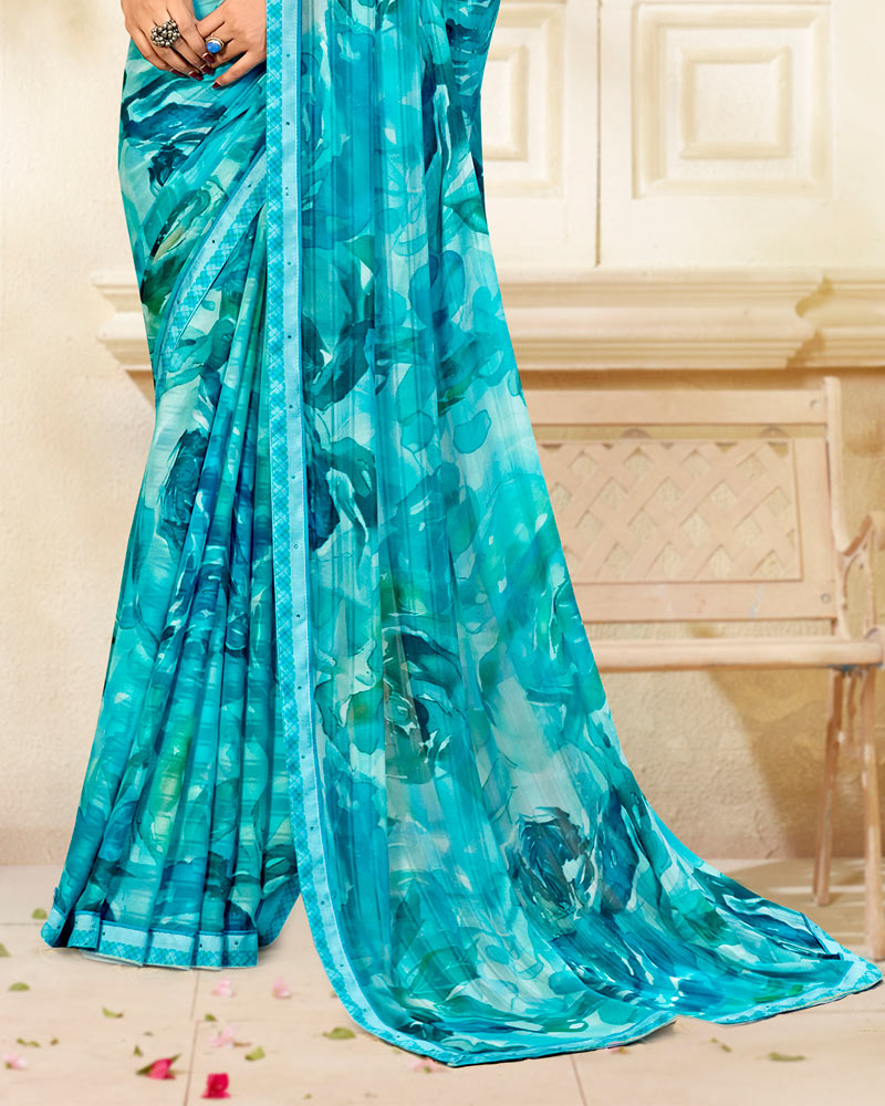 Vishal Prints Bright Blue Printed Chiffon Saree With Fancy Border