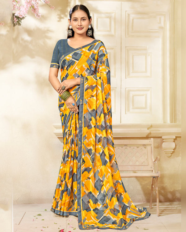 Vishal Prints Pale Yellow Printed Chiffon Saree With Fancy Border