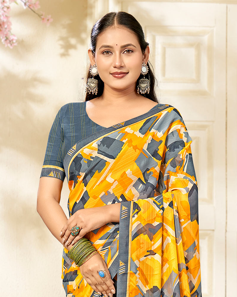 Vishal Prints Pale Yellow Printed Chiffon Saree With Fancy Border