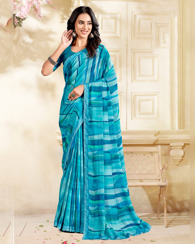 Vishal Prints Blue Printed Chiffon Saree With Fancy Border
