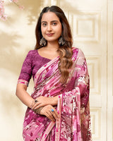Vishal Prints Magenta Pink Printed Chiffon Saree With Fancy Border