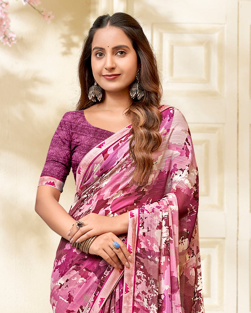 Vishal Prints Magenta Pink Printed Chiffon Saree With Fancy Border