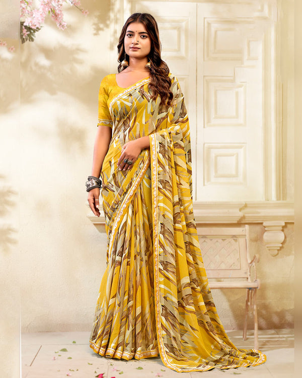 Vishal Prints Bright Yellow Printed Chiffon Saree With Fancy Border