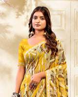 Vishal Prints Bright Yellow Printed Chiffon Saree With Fancy Border