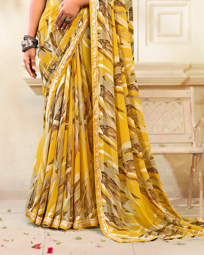 Vishal Prints Bright Yellow Printed Chiffon Saree With Fancy Border