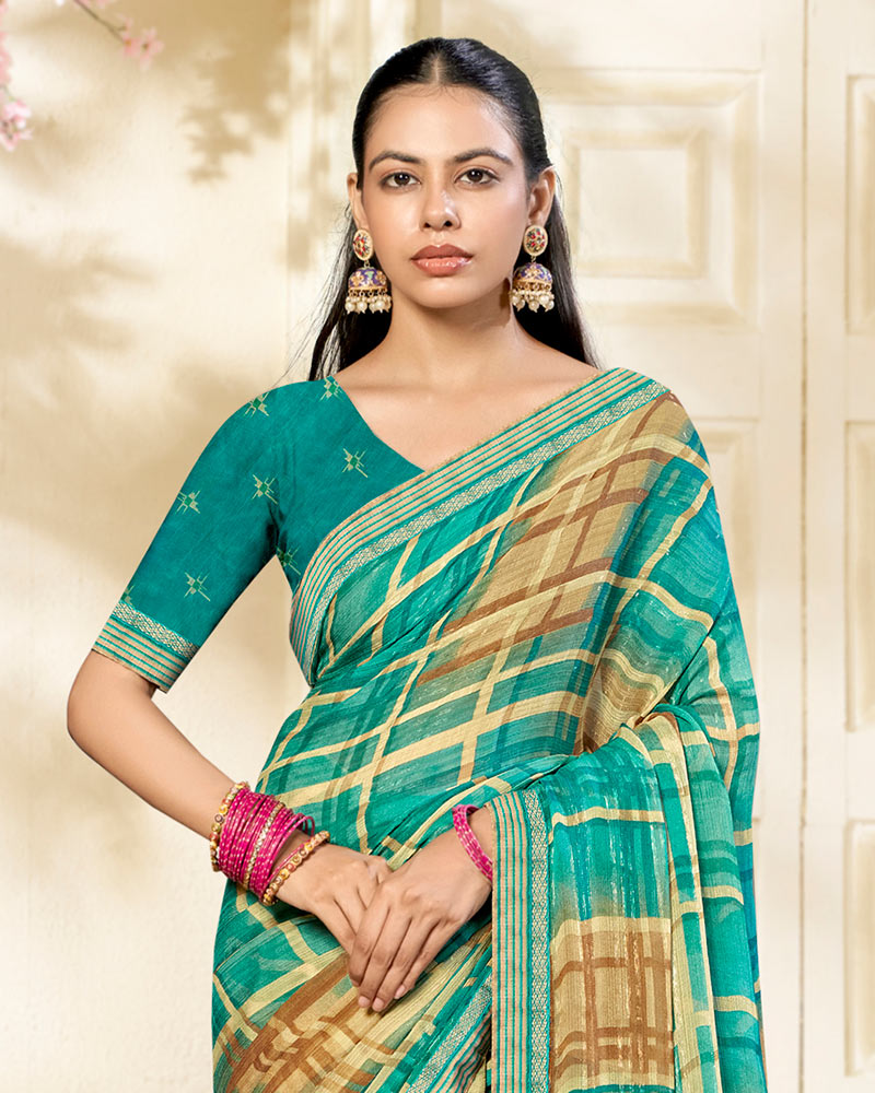 Vishal Prints Teal Green Printed Chiffon Saree With Fancy Border