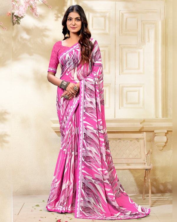 Vishal Prints Fushia Pink Printed Chiffon Saree With Fancy Border