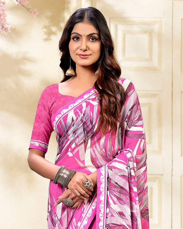 Vishal Prints Fushia Pink Printed Chiffon Saree With Fancy Border